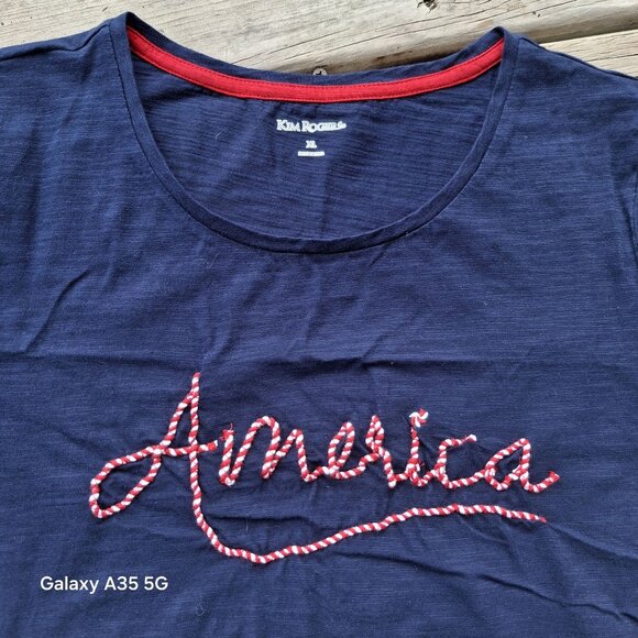 Kim Rogers Women's America Graphic T-Shirt XL Navy Blue Memorial Day 4th of July - Picture 2 of 8
